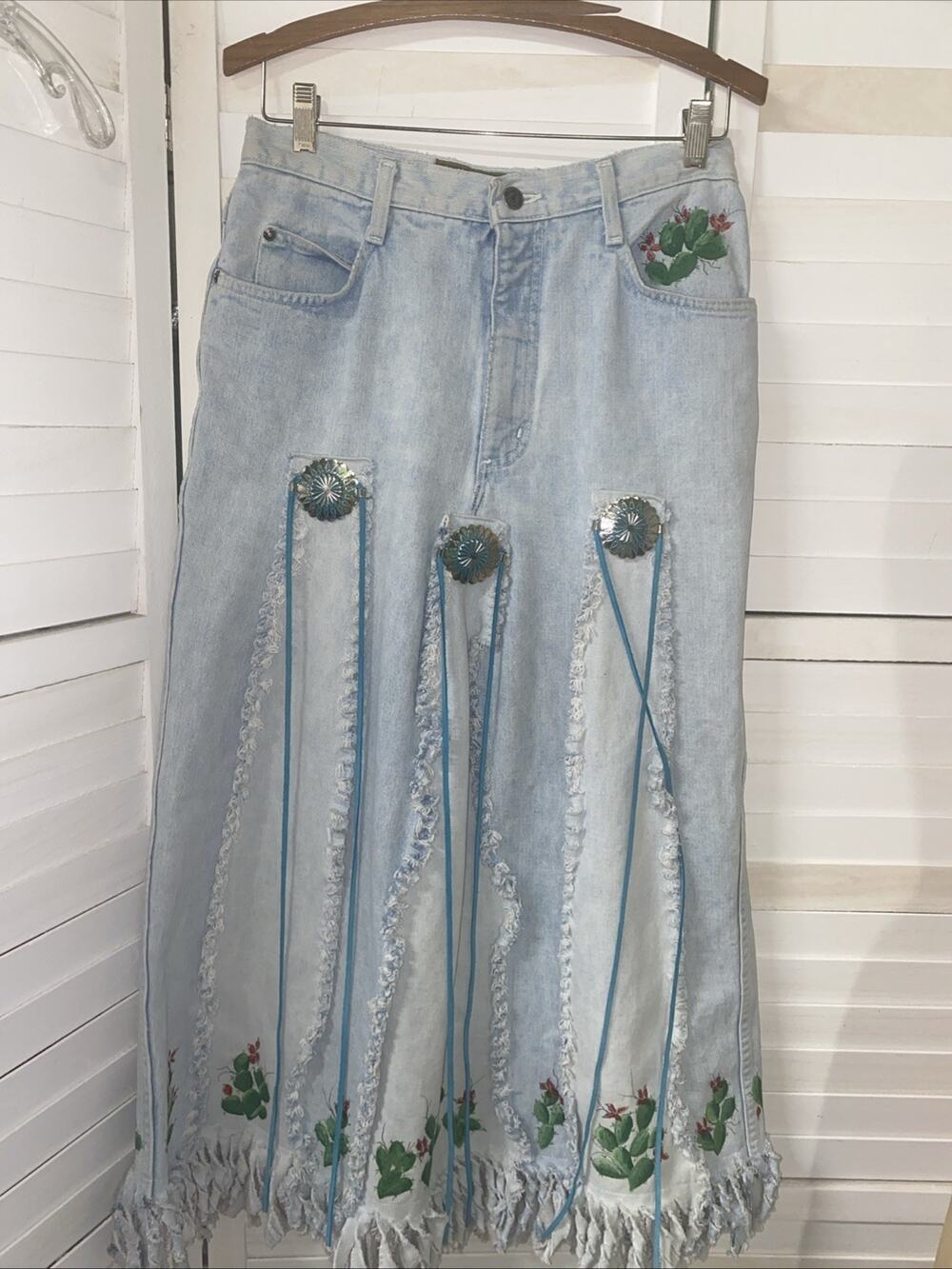 Upcycled Homemade Denim Maxi Skirt Southwest Concha Hand painted Sz Medium